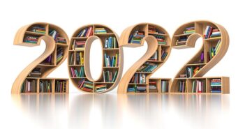 ©2022 new year education concept. Bookshelves with books in the form of text 2022. 3d illustration - Mon livre de l'année 2022